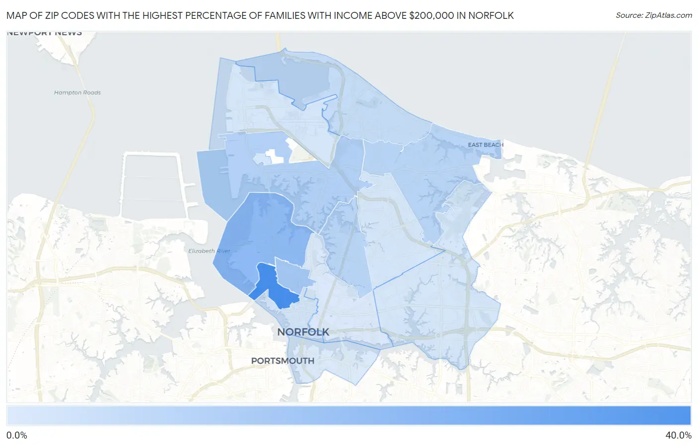 Zip Codes with the Highest Percentage of Families with Income Above $200,000 in Norfolk Map