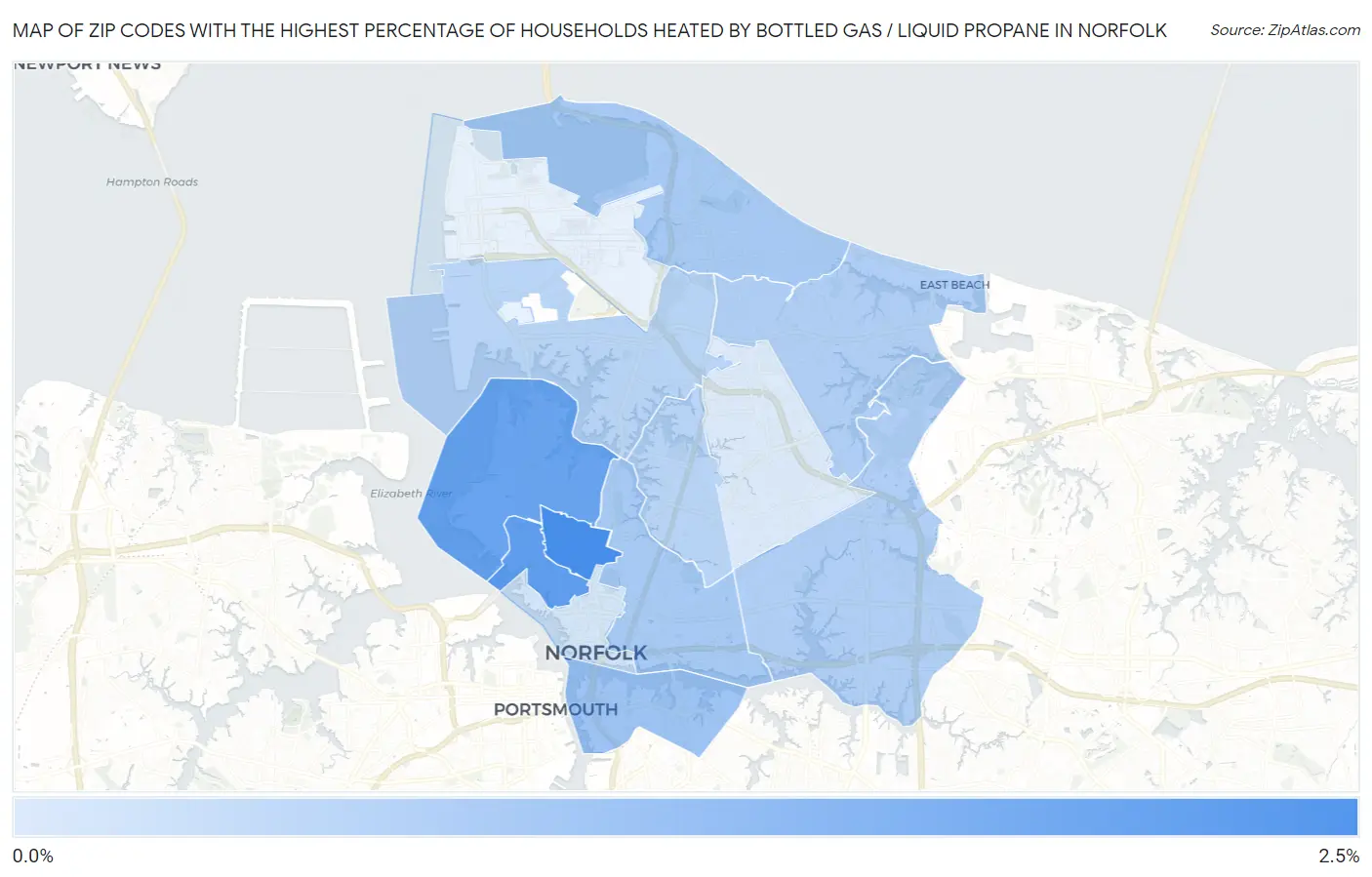 Zip Codes with the Highest Percentage of Households Heated by Bottled Gas / Liquid Propane in Norfolk Map