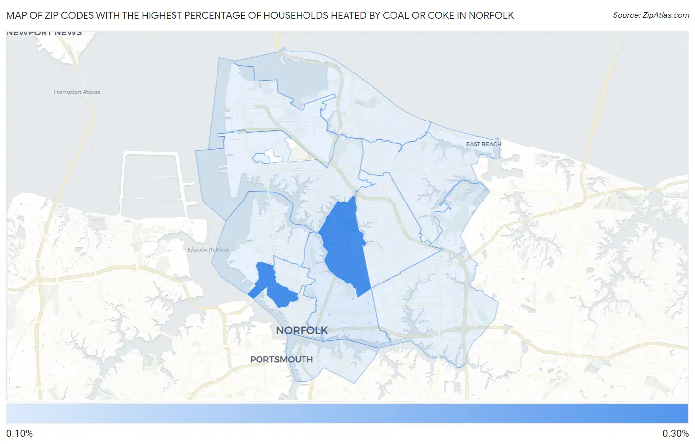 Zip Codes with the Highest Percentage of Households Heated by Coal or Coke in Norfolk Map
