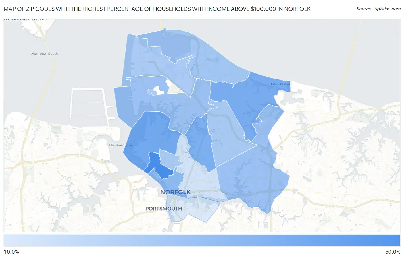 Zip Codes with the Highest Percentage of Households with Income Above $100,000 in Norfolk Map