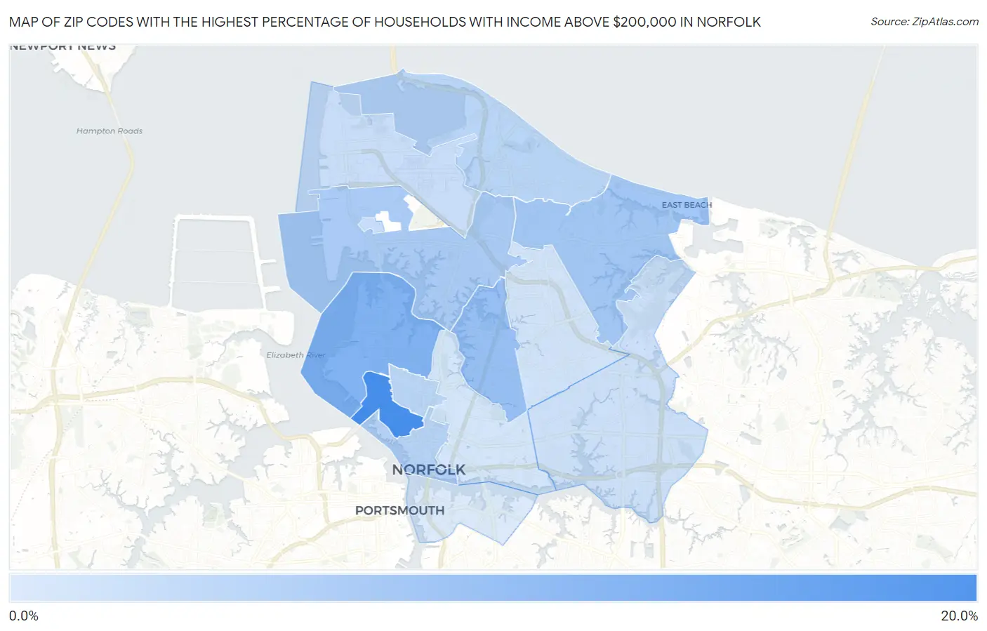 Zip Codes with the Highest Percentage of Households with Income Above $200,000 in Norfolk Map
