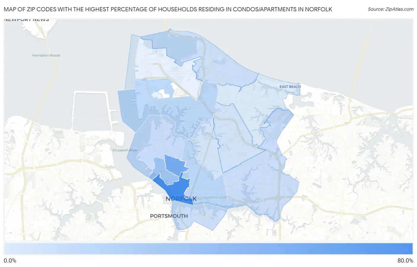 Zip Codes with the Highest Percentage of Households Residing in Condos/Apartments in Norfolk Map