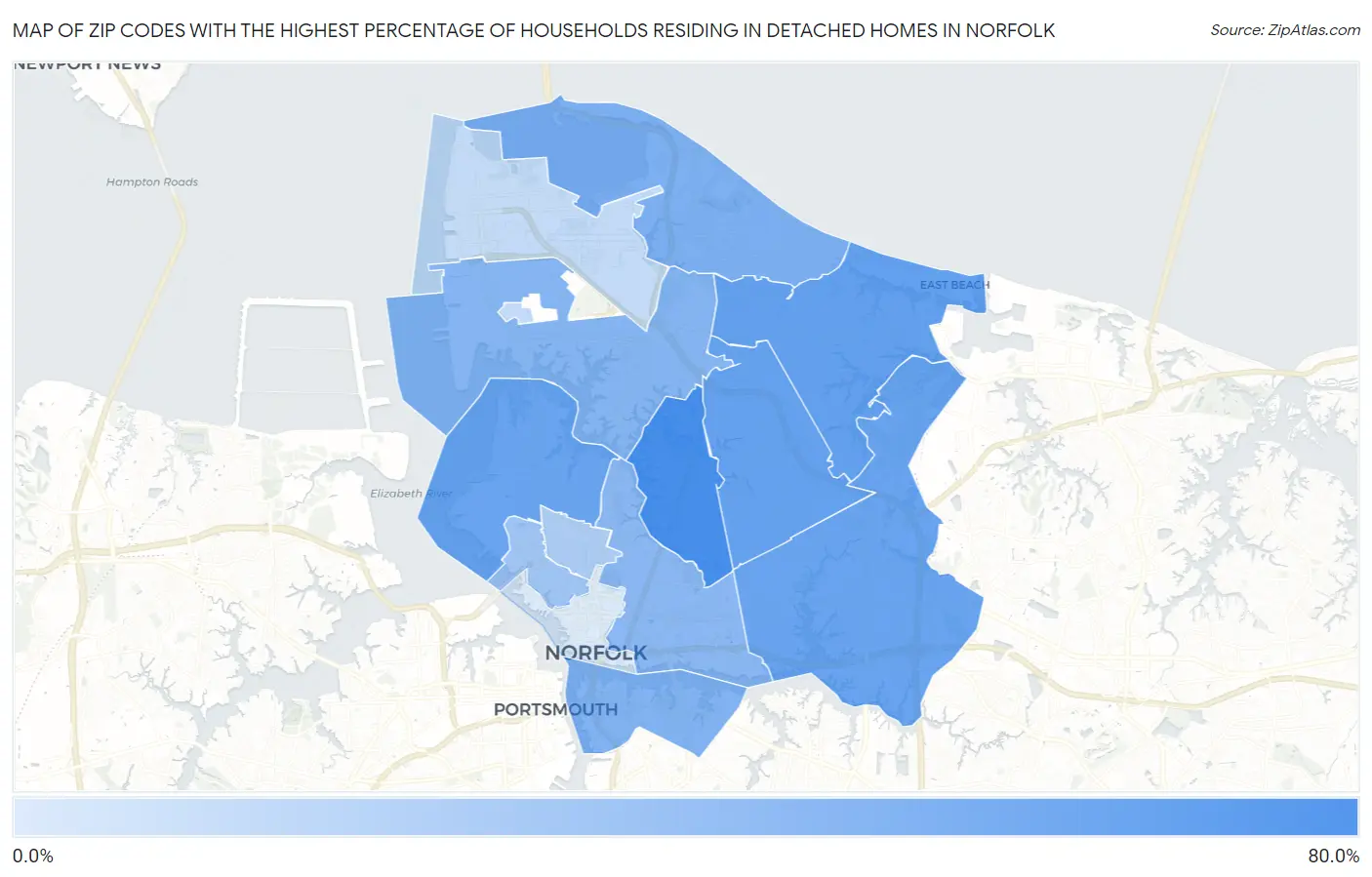 Zip Codes with the Highest Percentage of Households Residing in Detached Homes in Norfolk Map