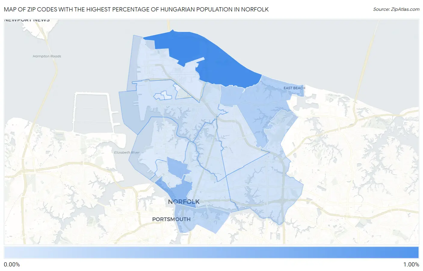 Zip Codes with the Highest Percentage of Hungarian Population in Norfolk Map