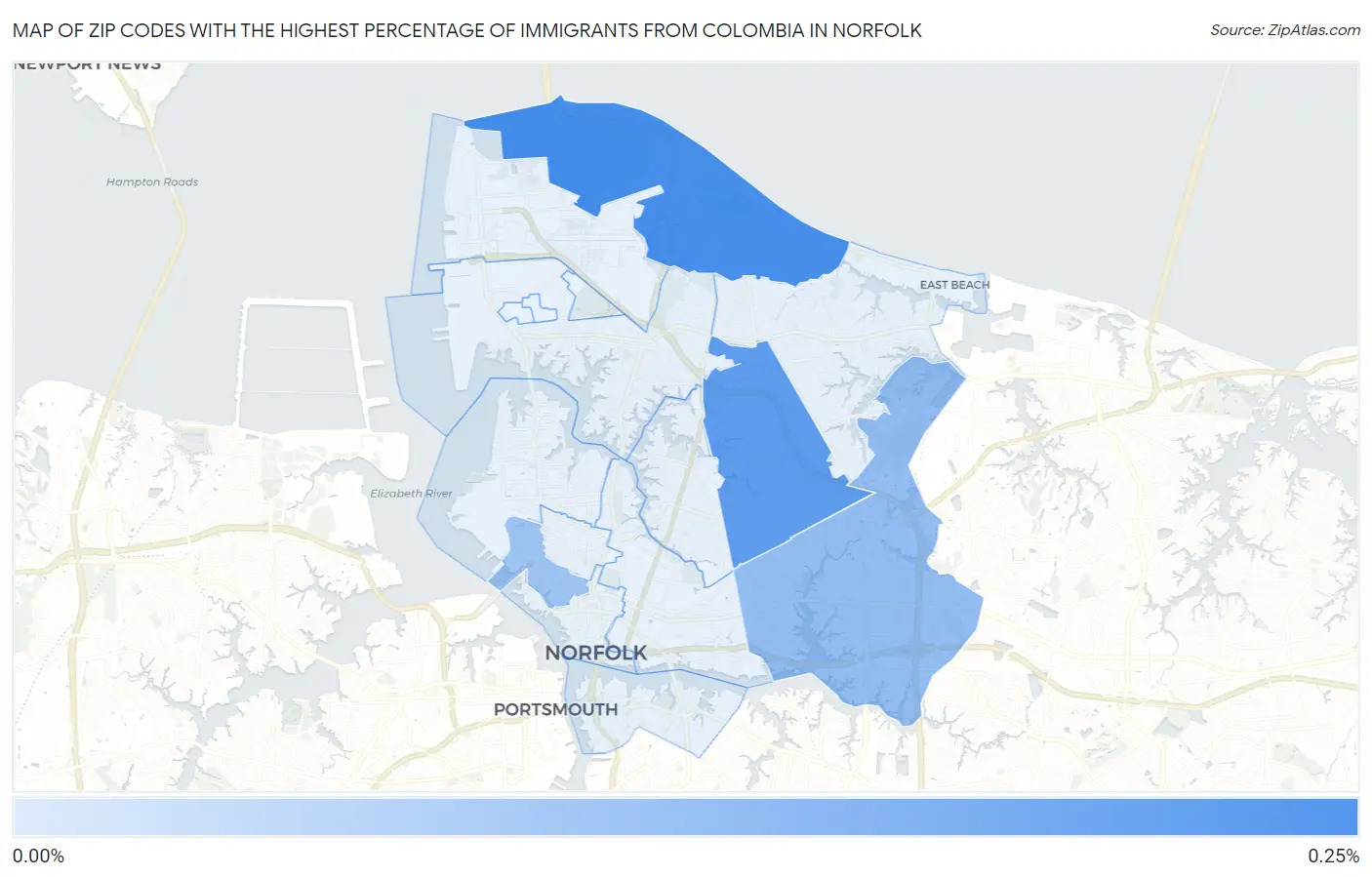 Zip Codes with the Highest Percentage of Immigrants from Colombia in Norfolk Map