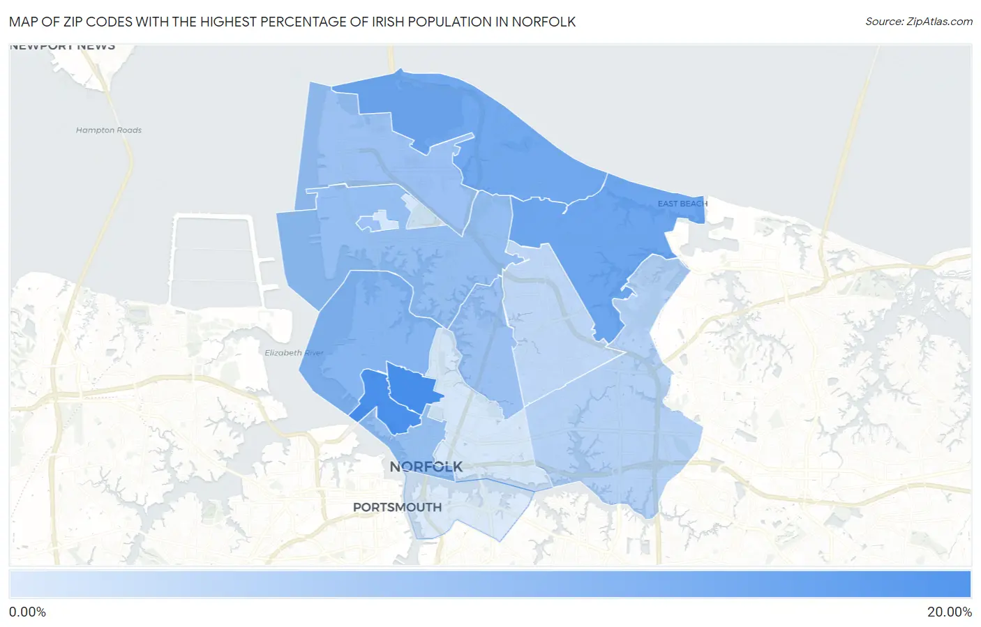 Zip Codes with the Highest Percentage of Irish Population in Norfolk Map