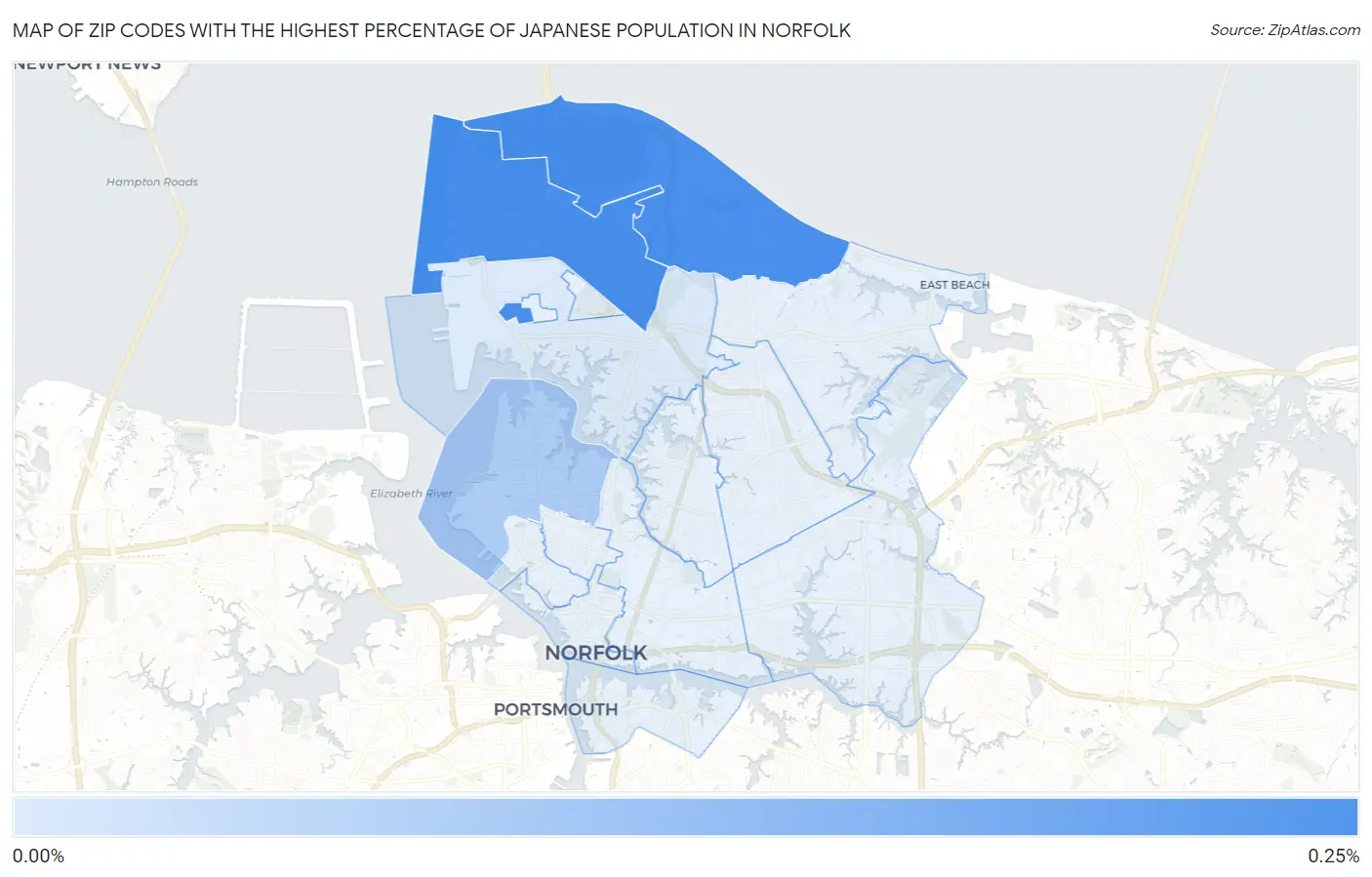 Zip Codes with the Highest Percentage of Japanese Population in Norfolk Map