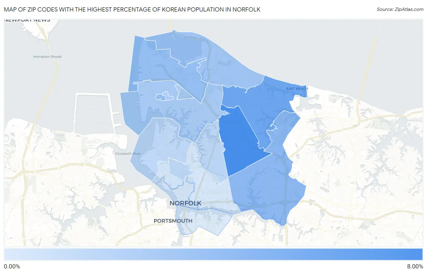 Zip Codes with the Highest Percentage of Korean Population in Norfolk Map