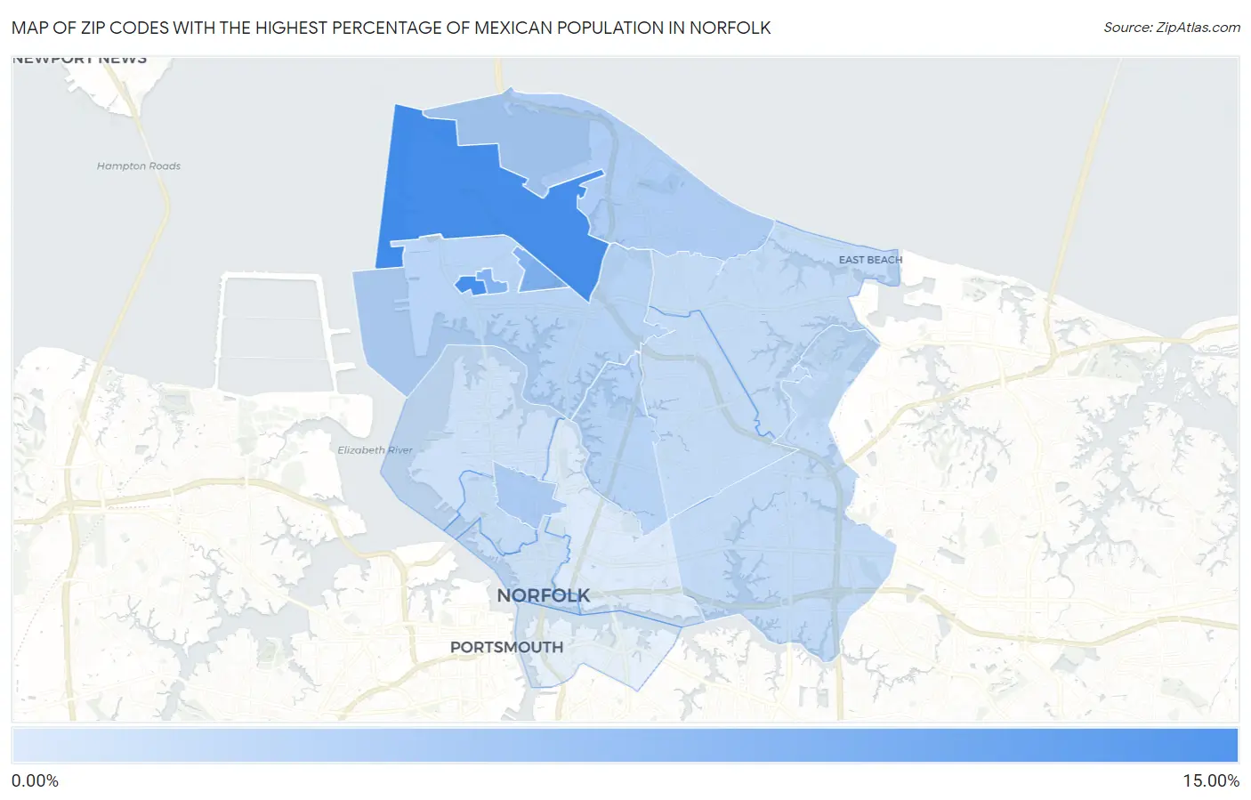 Zip Codes with the Highest Percentage of Mexican Population in Norfolk Map