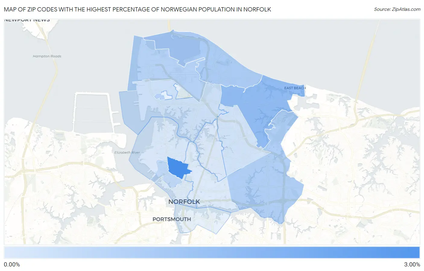 Zip Codes with the Highest Percentage of Norwegian Population in Norfolk Map