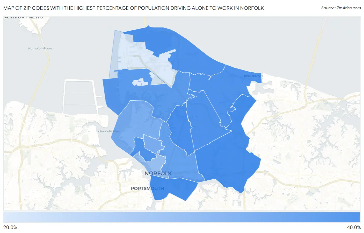 Zip Codes with the Highest Percentage of Population Driving Alone to Work in Norfolk Map