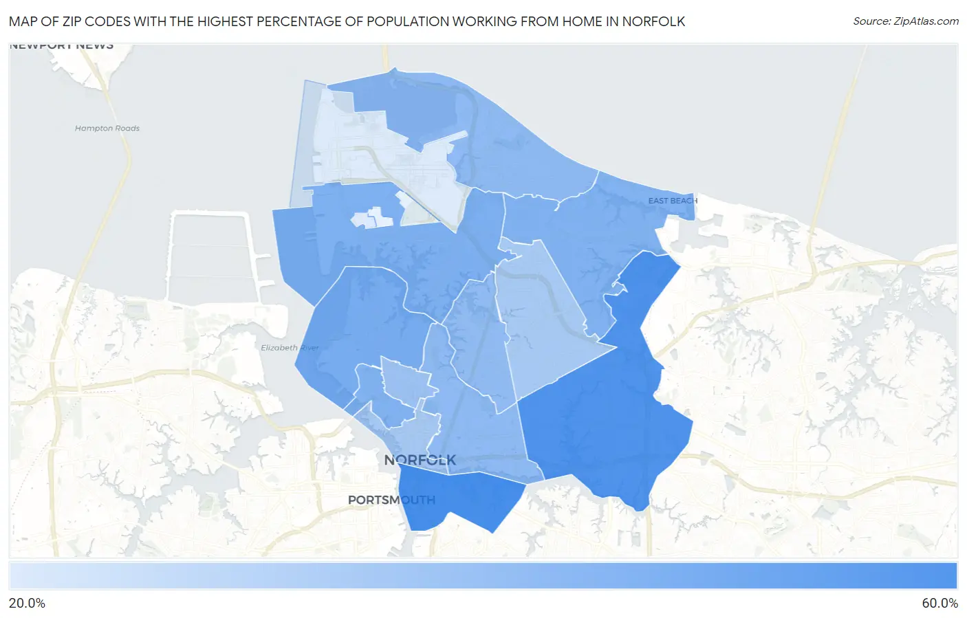 Zip Codes with the Highest Percentage of Population Working from Home in Norfolk Map