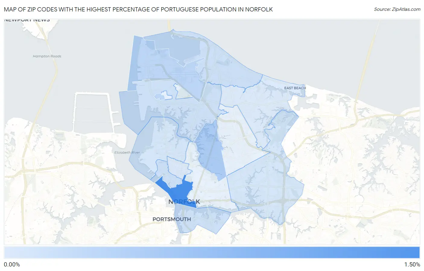 Zip Codes with the Highest Percentage of Portuguese Population in Norfolk Map