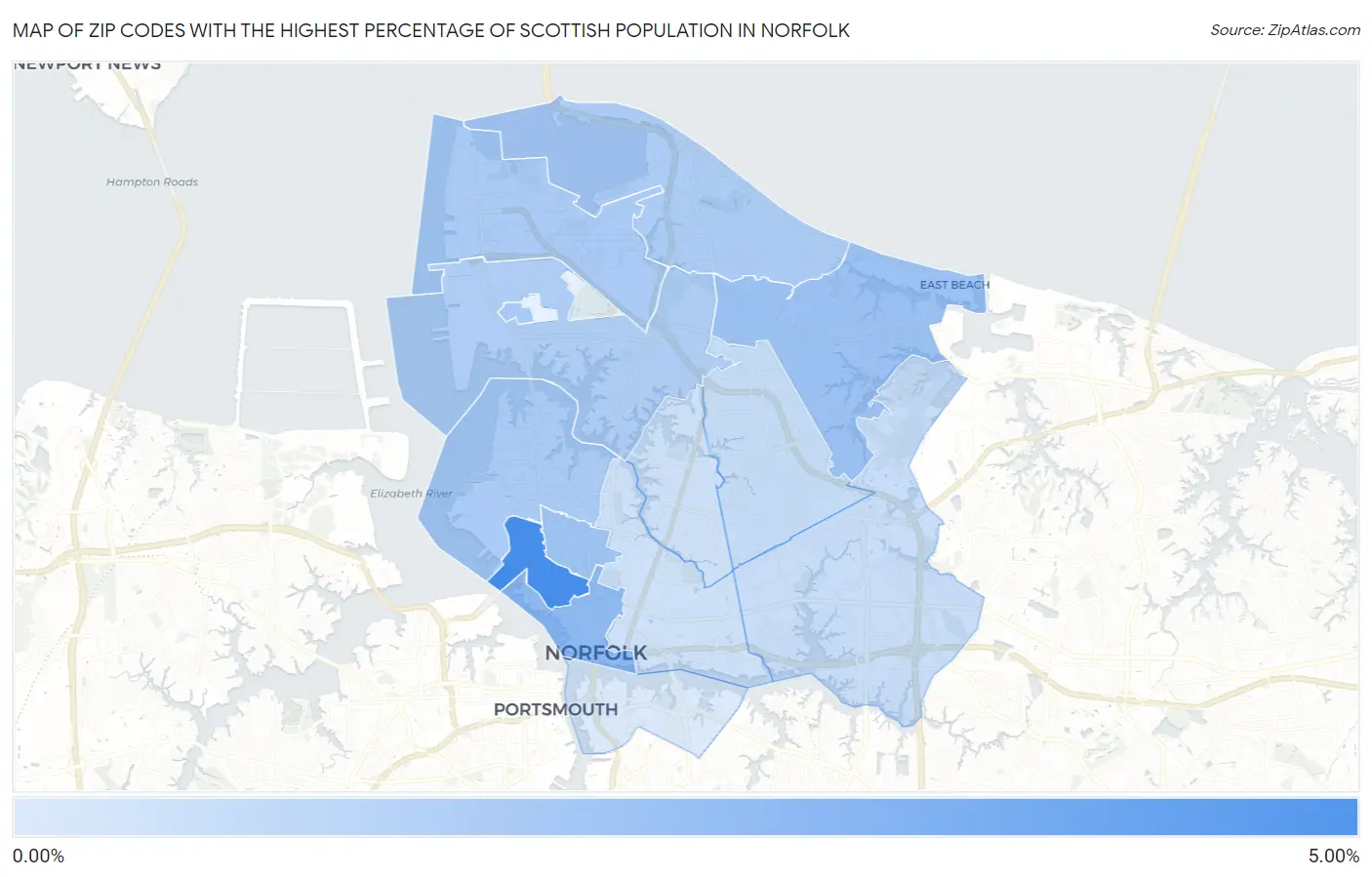 Zip Codes with the Highest Percentage of Scottish Population in Norfolk Map