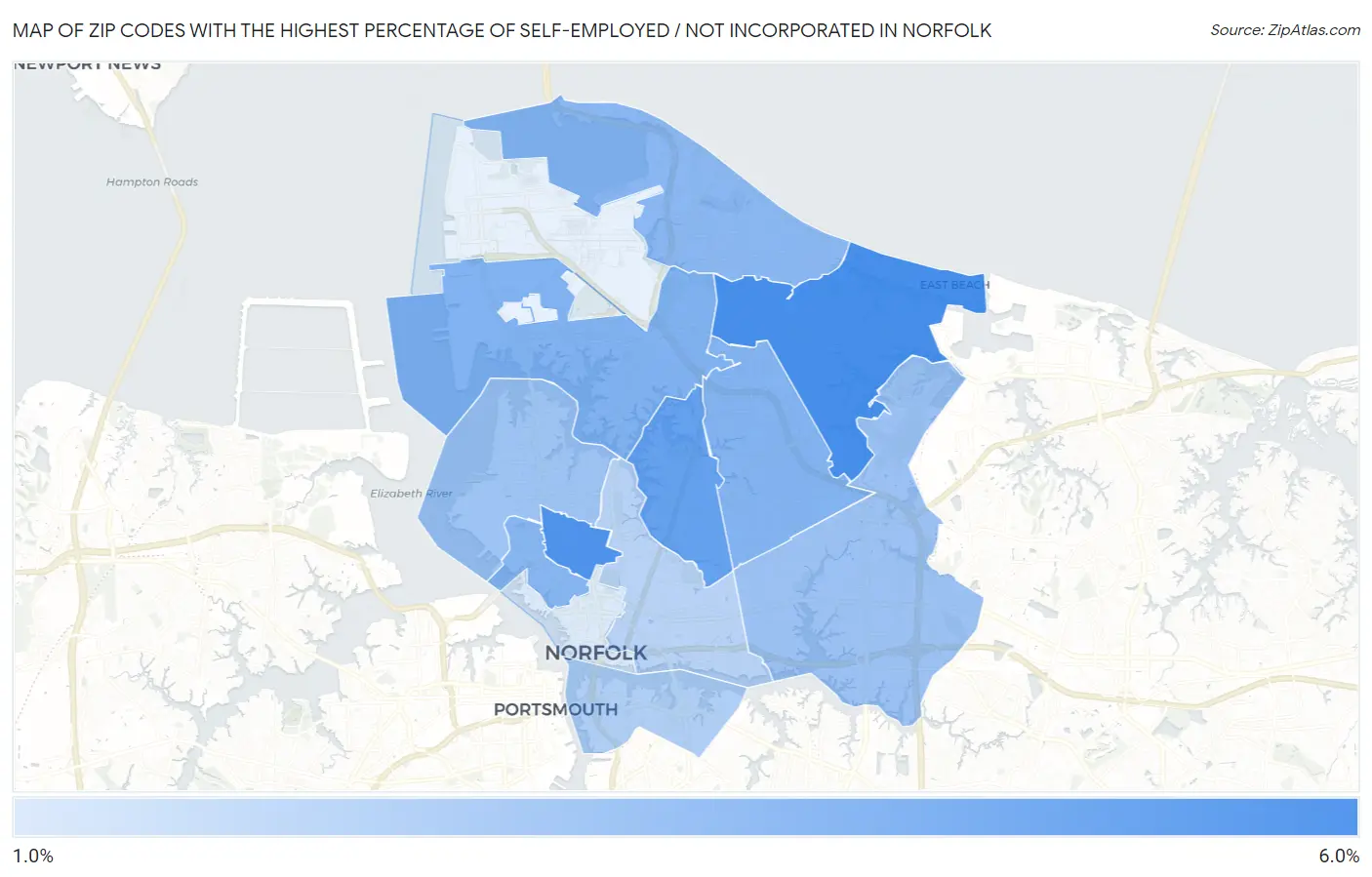 Zip Codes with the Highest Percentage of Self-Employed / Not Incorporated in Norfolk Map