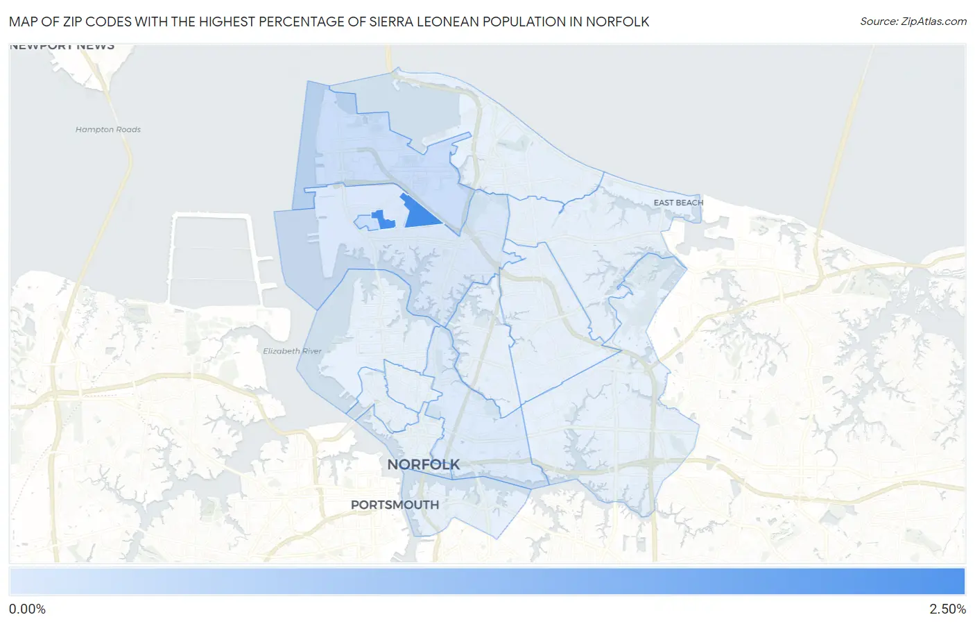 Zip Codes with the Highest Percentage of Sierra Leonean Population in Norfolk Map