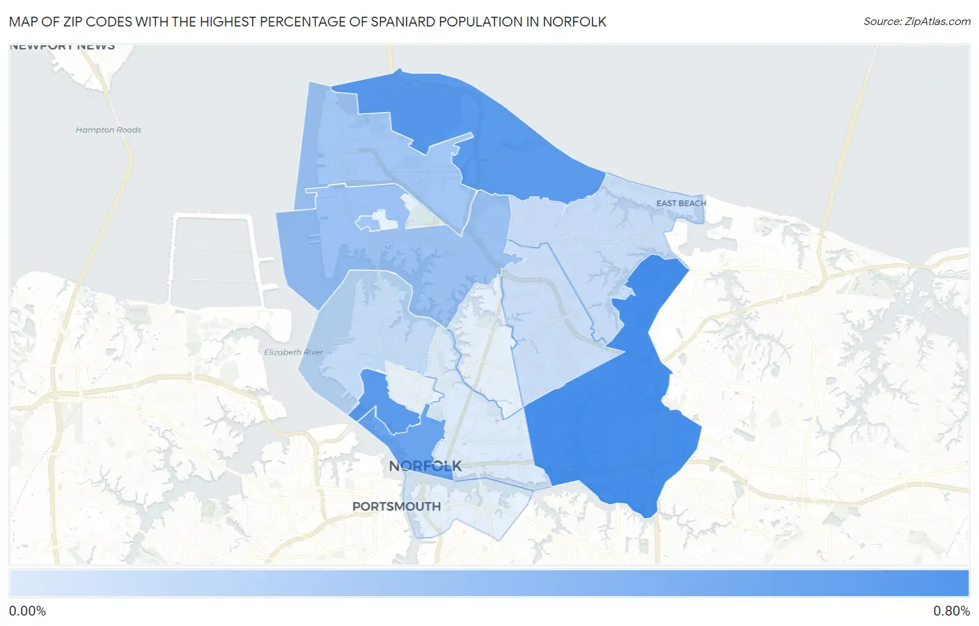 Zip Codes with the Highest Percentage of Spaniard Population in Norfolk Map