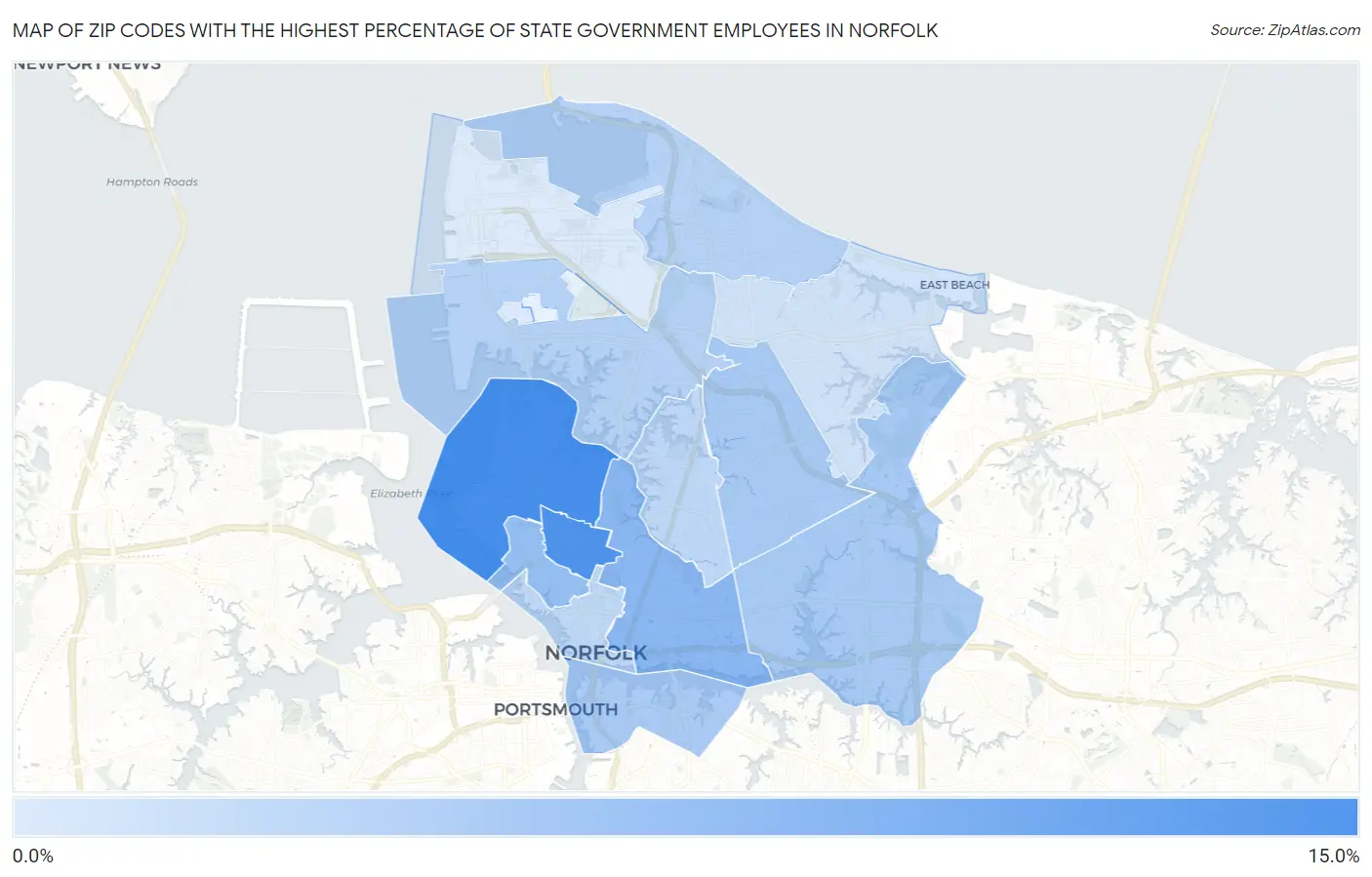 Zip Codes with the Highest Percentage of State Government Employees in Norfolk Map