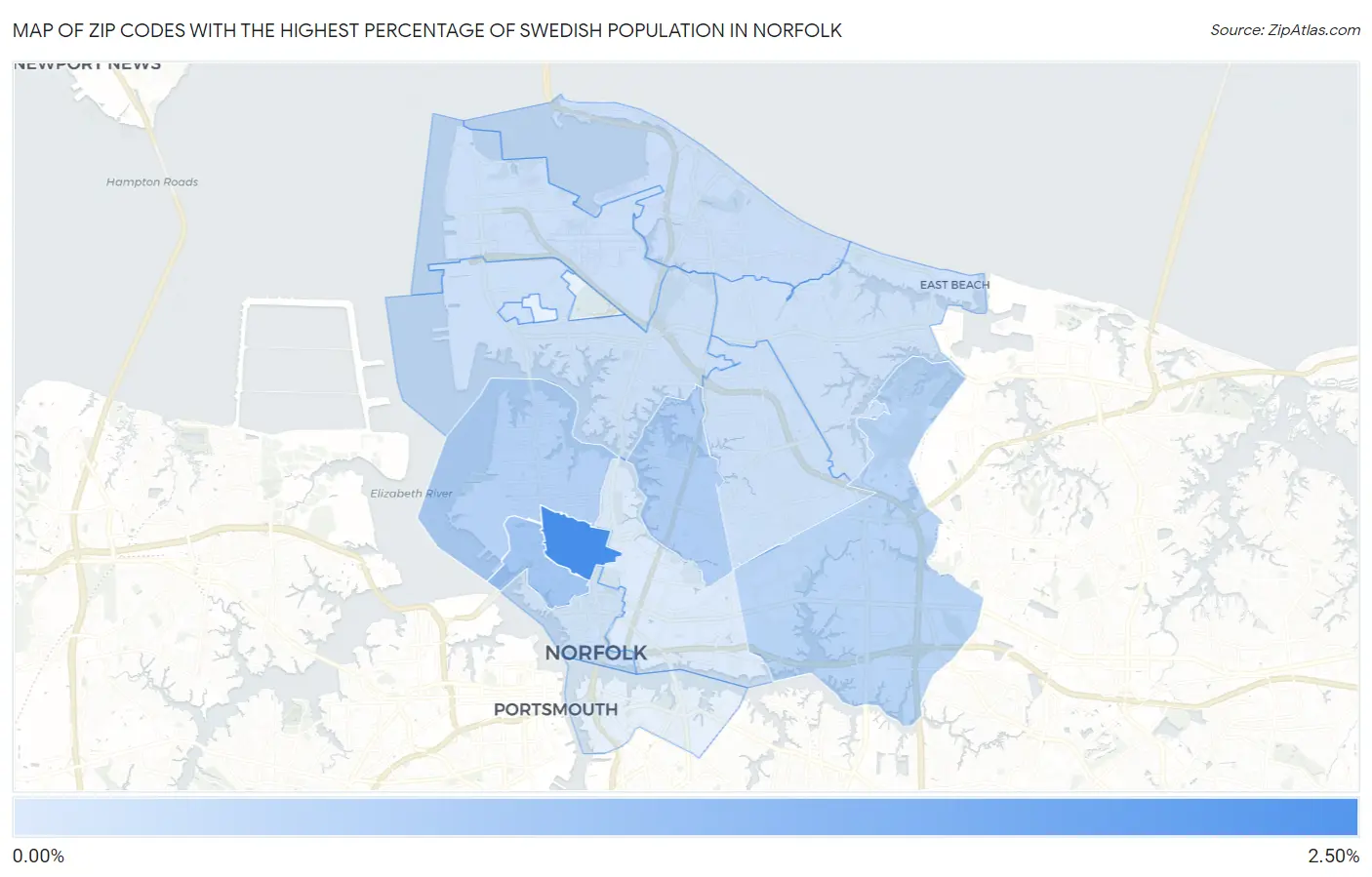 Zip Codes with the Highest Percentage of Swedish Population in Norfolk Map