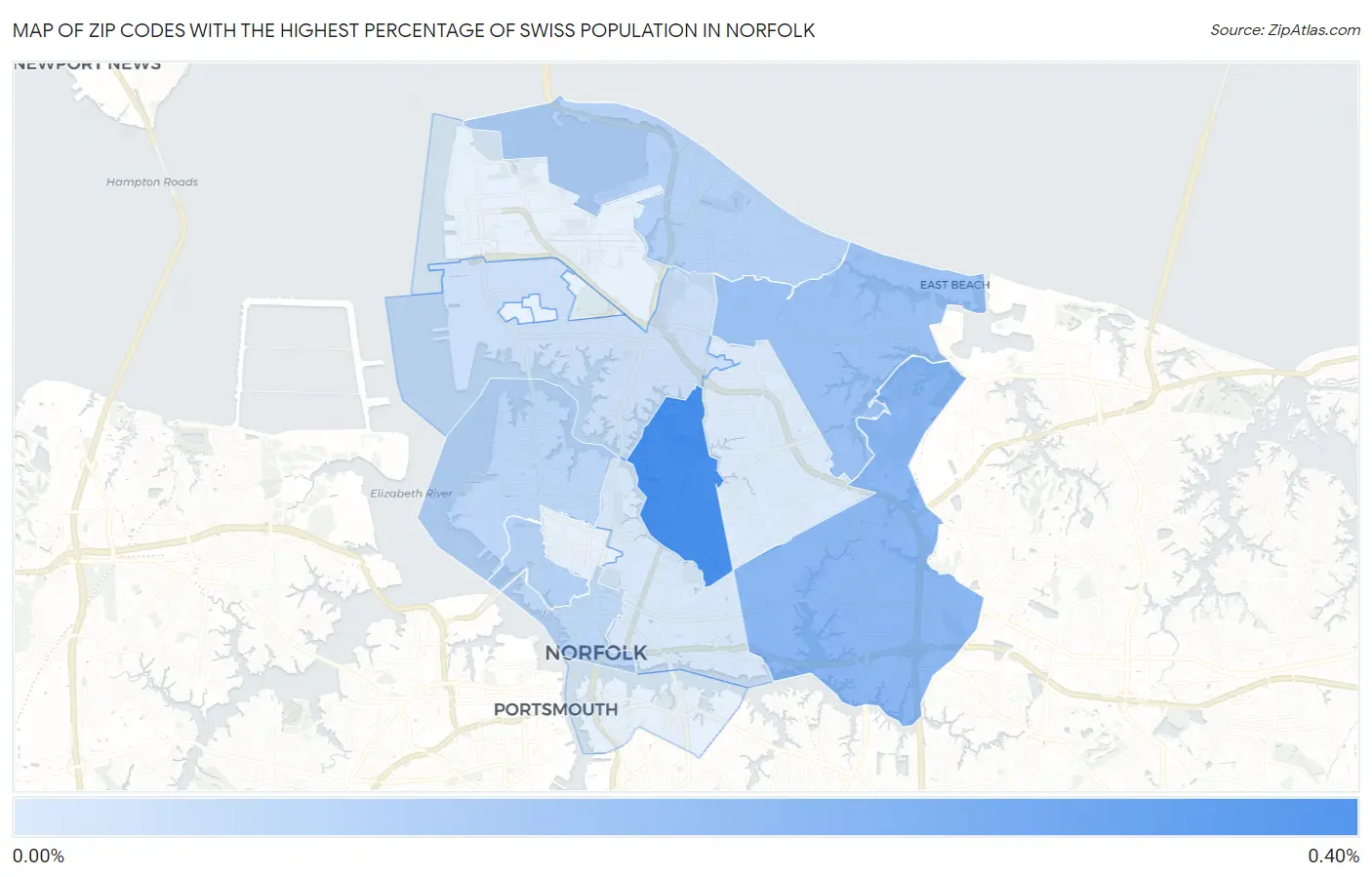 Zip Codes with the Highest Percentage of Swiss Population in Norfolk Map