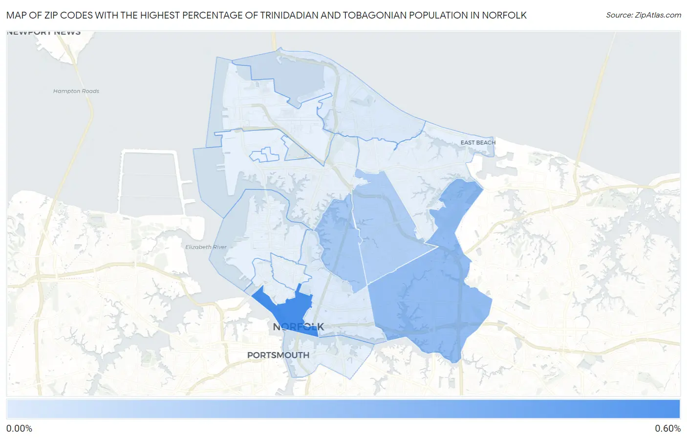 Zip Codes with the Highest Percentage of Trinidadian and Tobagonian Population in Norfolk Map