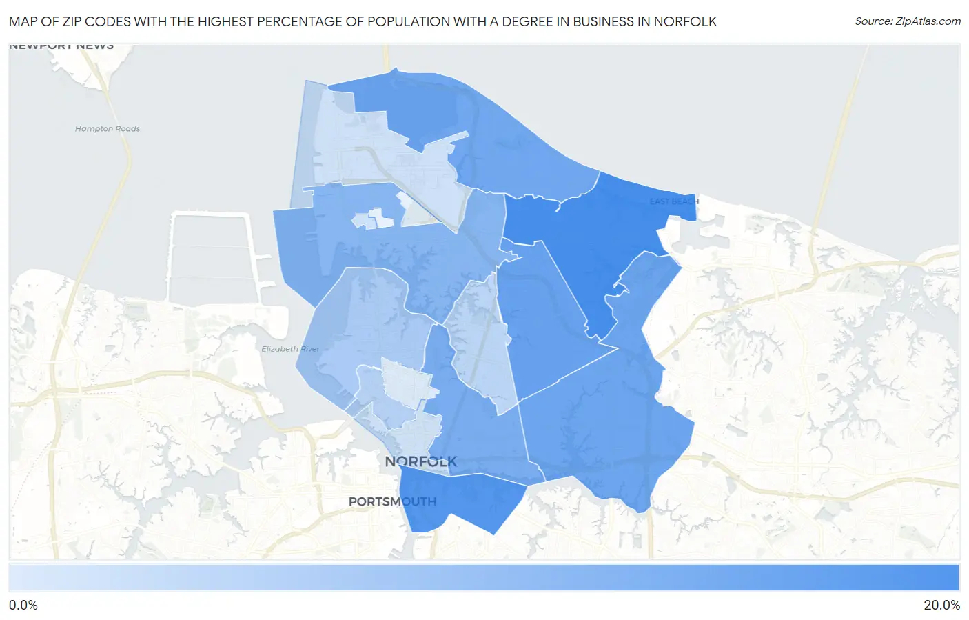 Zip Codes with the Highest Percentage of Population with a Degree in Business in Norfolk Map