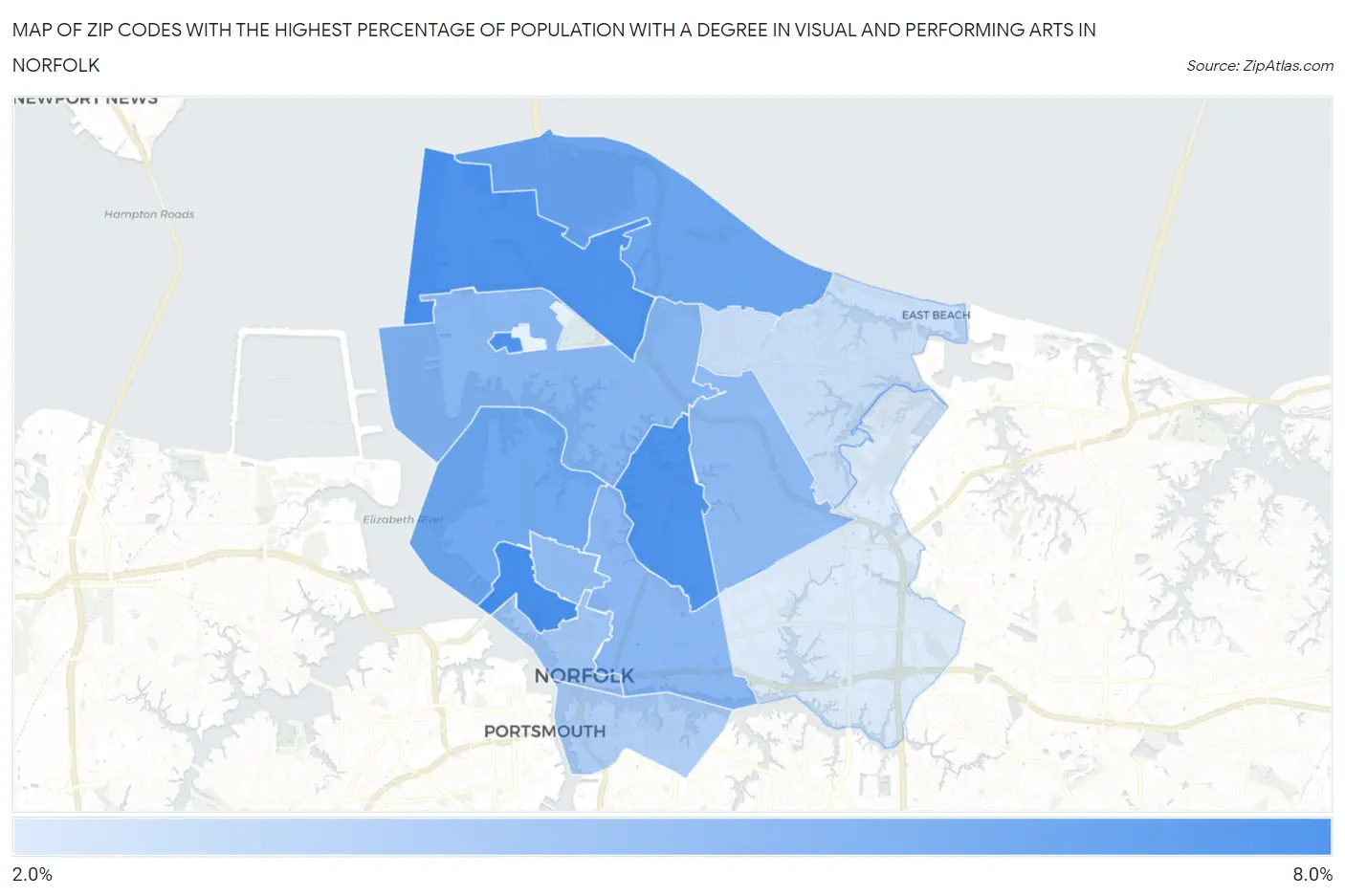 Zip Codes with the Highest Percentage of Population with a Degree in Visual and Performing Arts in Norfolk Map
