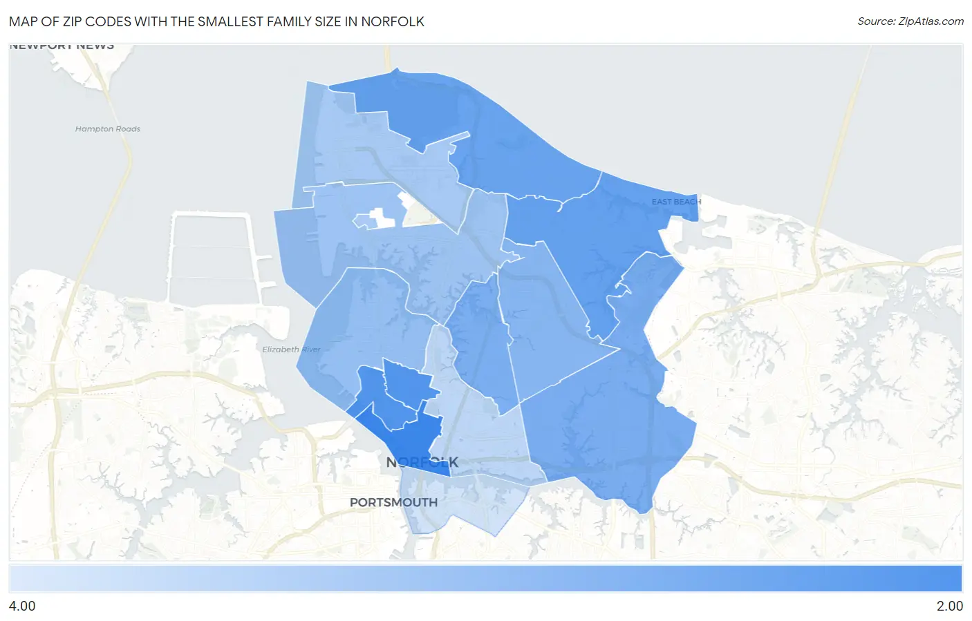 Zip Codes with the Smallest Family Size in Norfolk Map