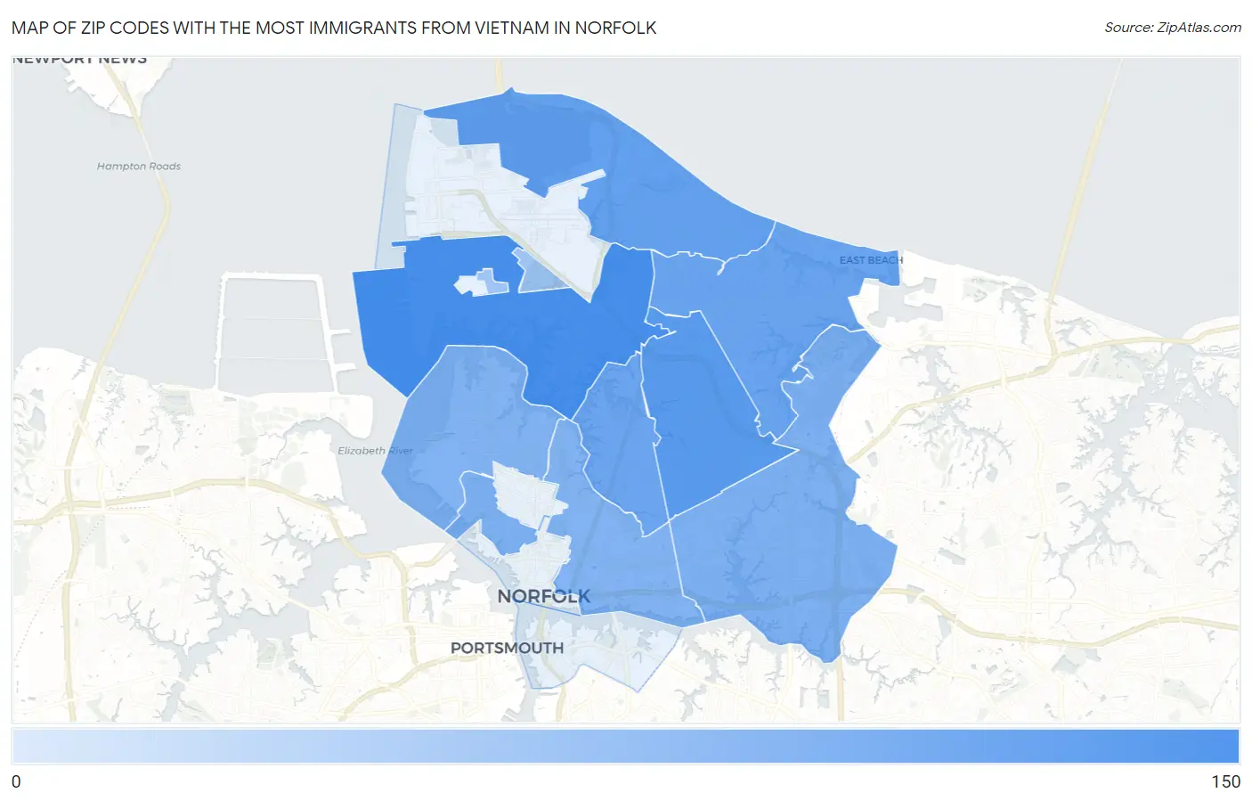 Zip Codes with the Most Immigrants from Vietnam in Norfolk Map