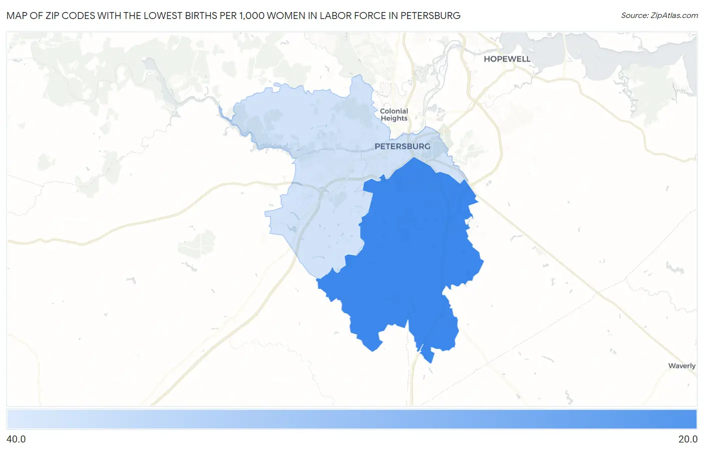 Zip Codes with the Lowest Births per 1,000 Women in Labor Force in Petersburg Map