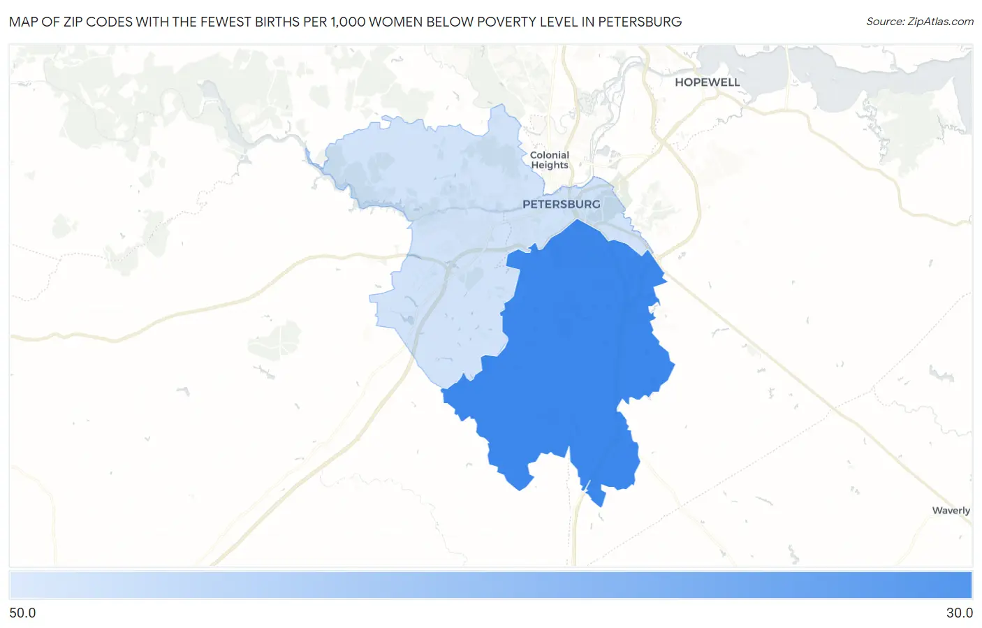 Zip Codes with the Fewest Births per 1,000 Women Below Poverty Level in Petersburg Map