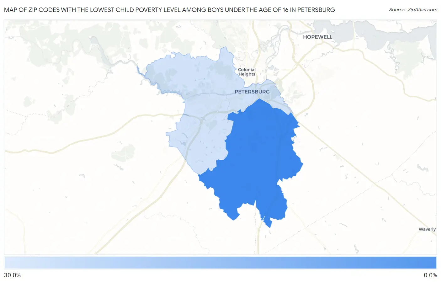 Zip Codes with the Lowest Child Poverty Level Among Boys Under the Age of 16 in Petersburg Map