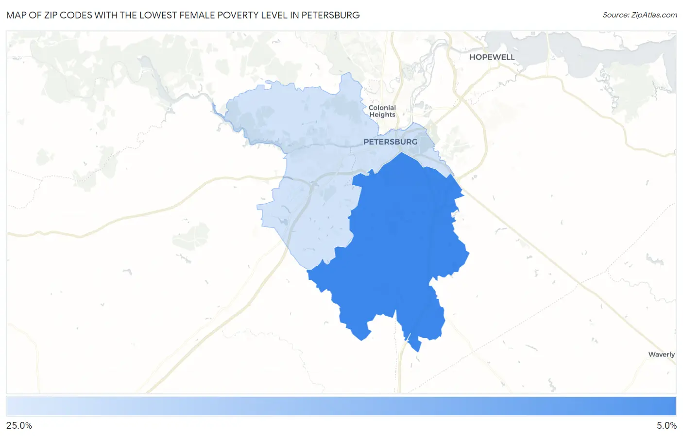 Zip Codes with the Lowest Female Poverty Level in Petersburg Map