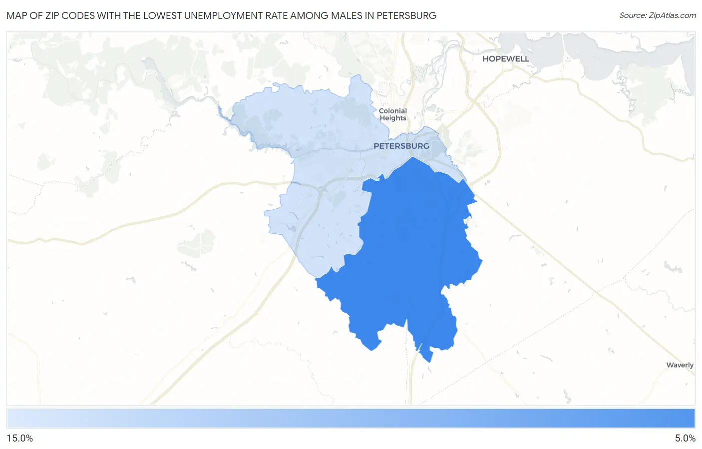 Zip Codes with the Lowest Unemployment Rate Among Males in Petersburg Map