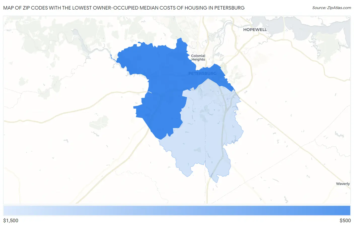Zip Codes with the Lowest Owner-Occupied Median Costs of Housing in Petersburg Map