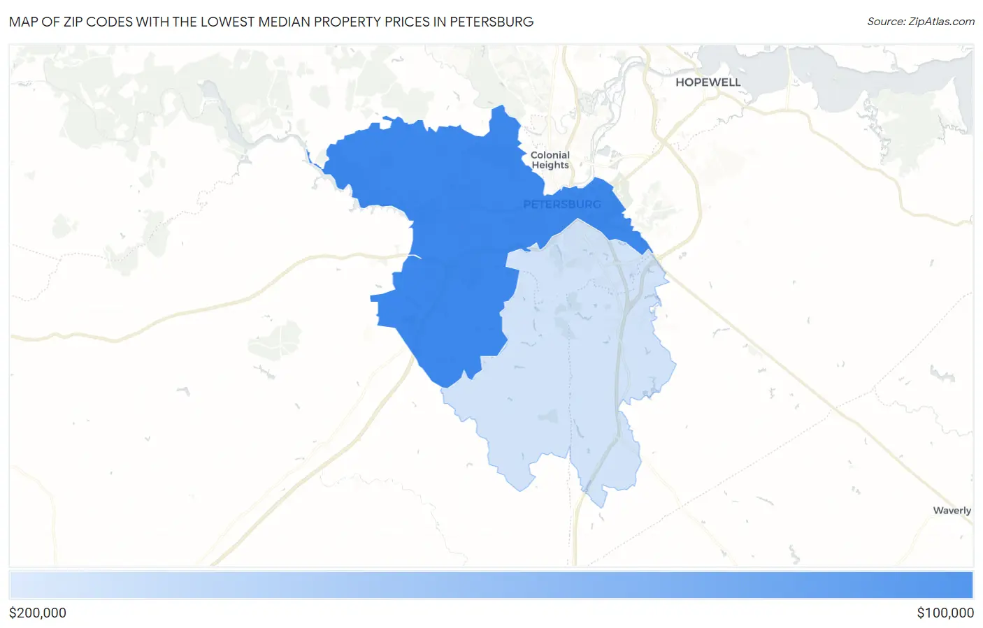 Zip Codes with the Lowest Median Property Prices in Petersburg Map