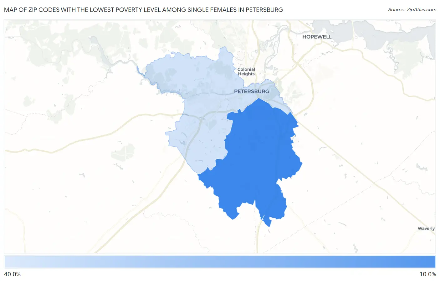 Zip Codes with the Lowest Poverty Level Among Single Females in Petersburg Map