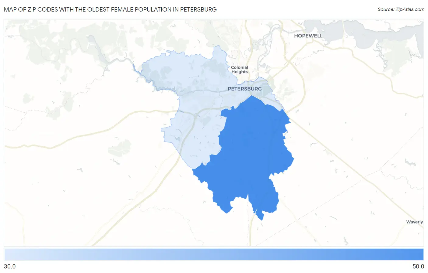 Zip Codes with the Oldest Female Population in Petersburg Map