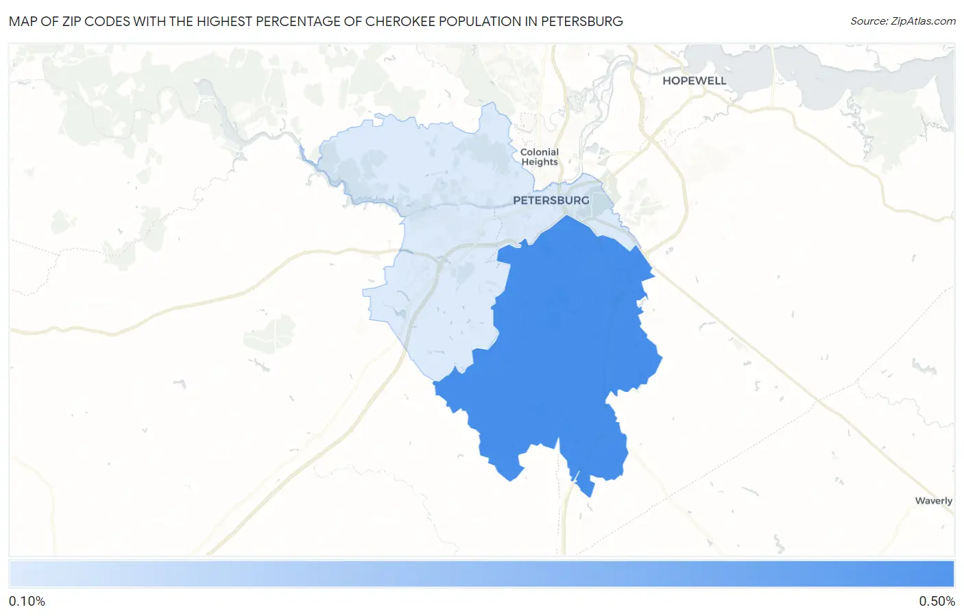 Zip Codes with the Highest Percentage of Cherokee Population in Petersburg Map