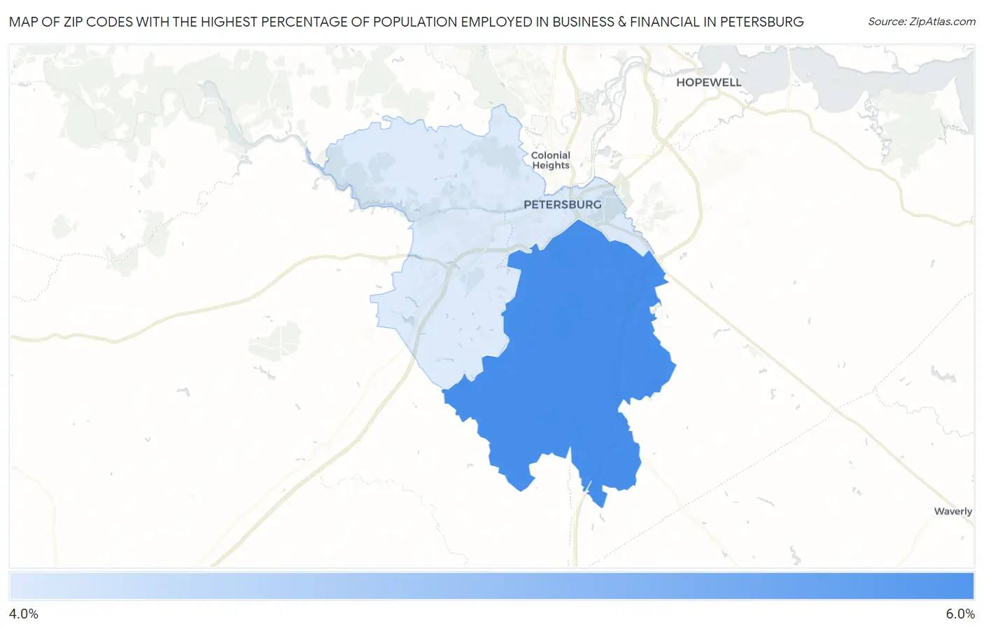 Zip Codes with the Highest Percentage of Population Employed in Business & Financial in Petersburg Map