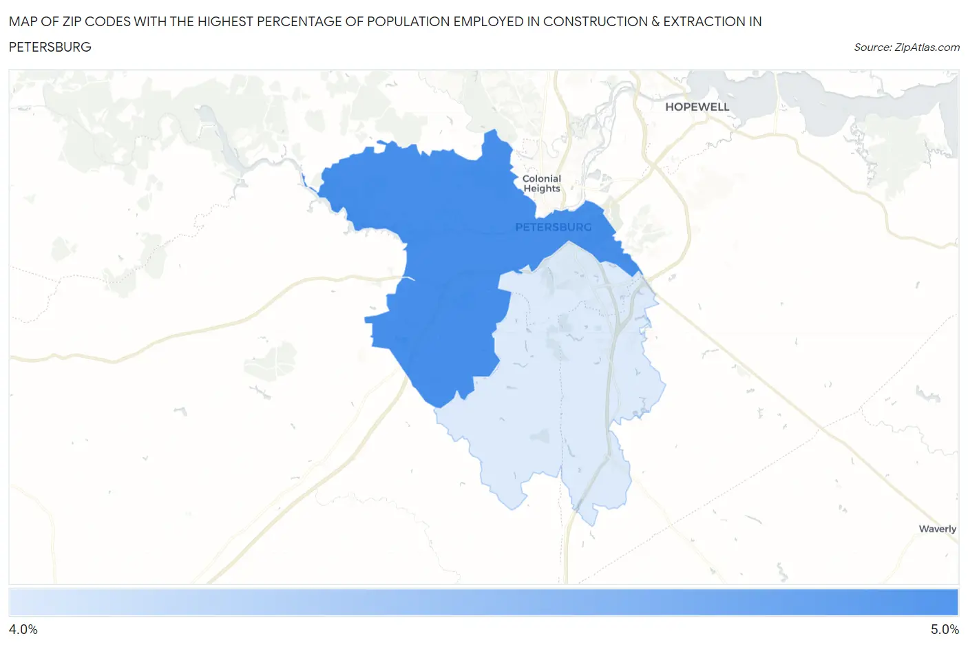 Zip Codes with the Highest Percentage of Population Employed in Construction & Extraction in Petersburg Map