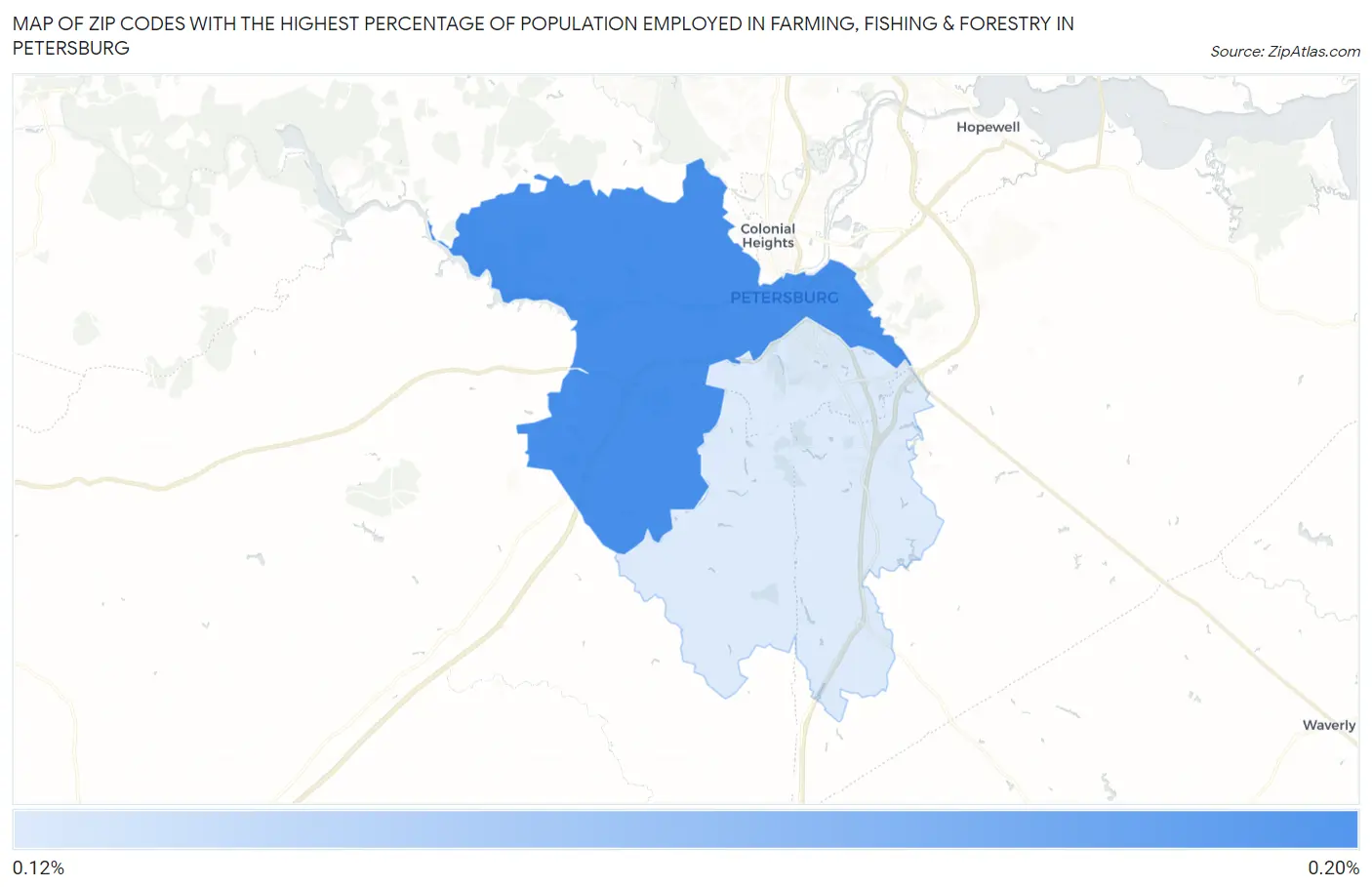 Zip Codes with the Highest Percentage of Population Employed in Farming, Fishing & Forestry in Petersburg Map