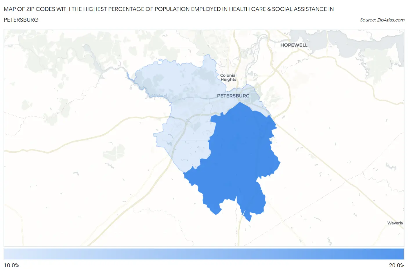 Zip Codes with the Highest Percentage of Population Employed in Health Care & Social Assistance in Petersburg Map