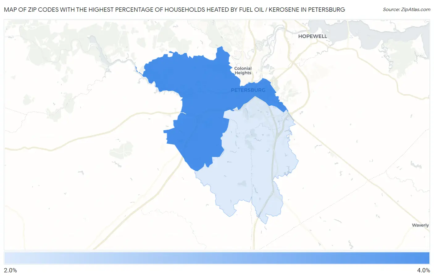 Zip Codes with the Highest Percentage of Households Heated by Fuel Oil / Kerosene in Petersburg Map