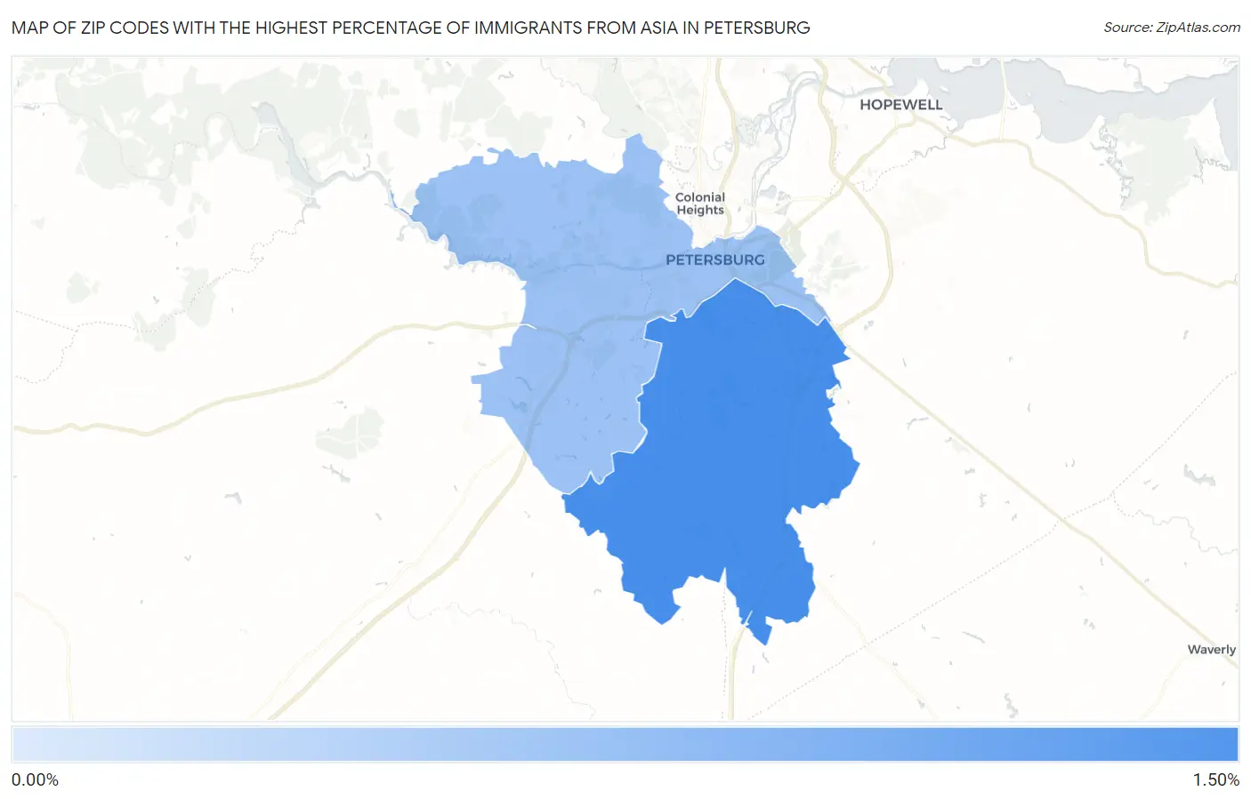 Zip Codes with the Highest Percentage of Immigrants from Asia in Petersburg Map