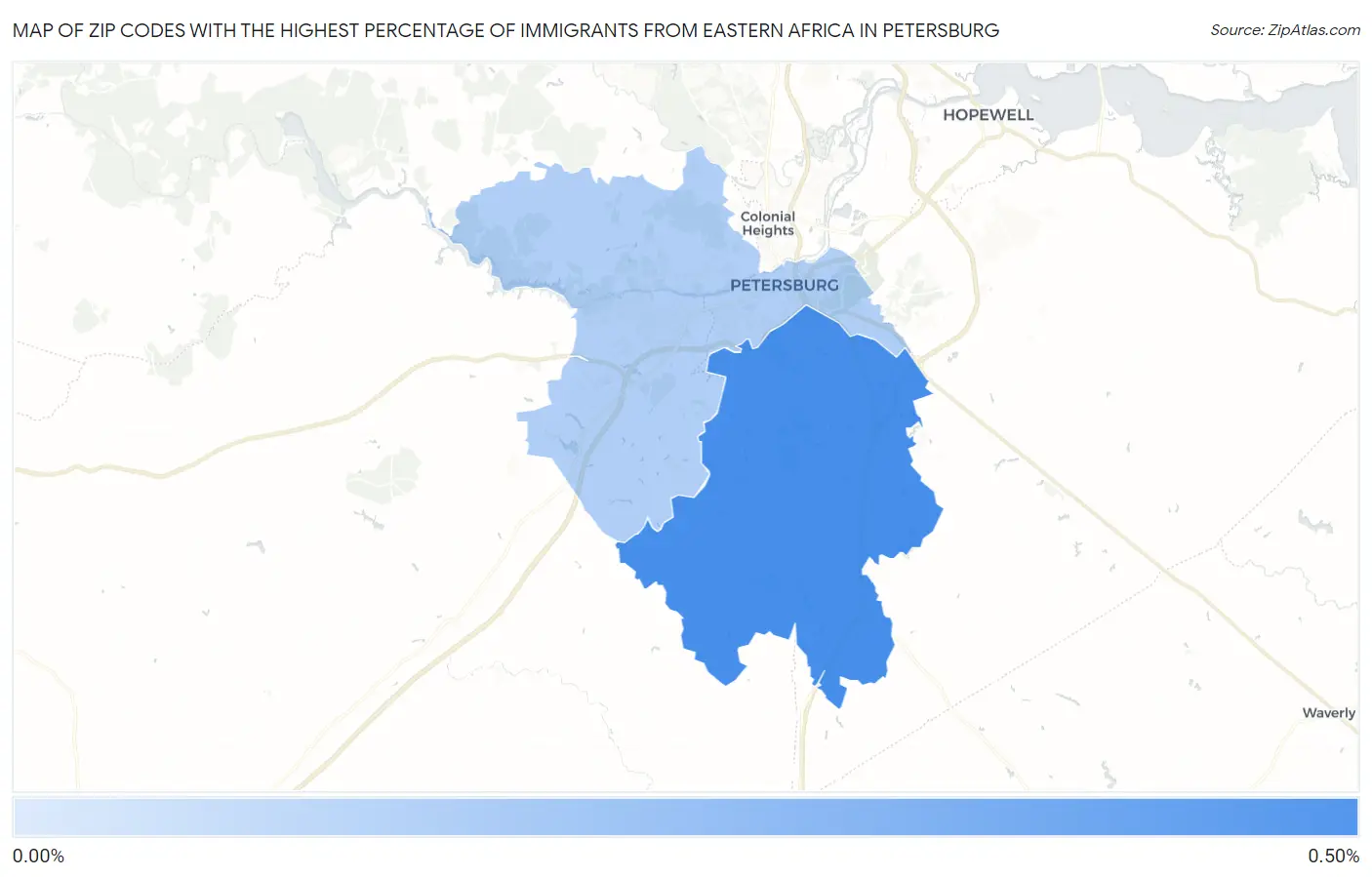 Zip Codes with the Highest Percentage of Immigrants from Eastern Africa in Petersburg Map