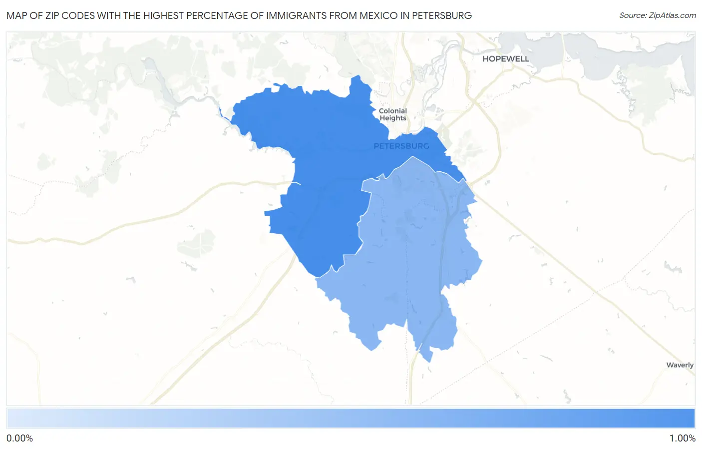 Zip Codes with the Highest Percentage of Immigrants from Mexico in Petersburg Map