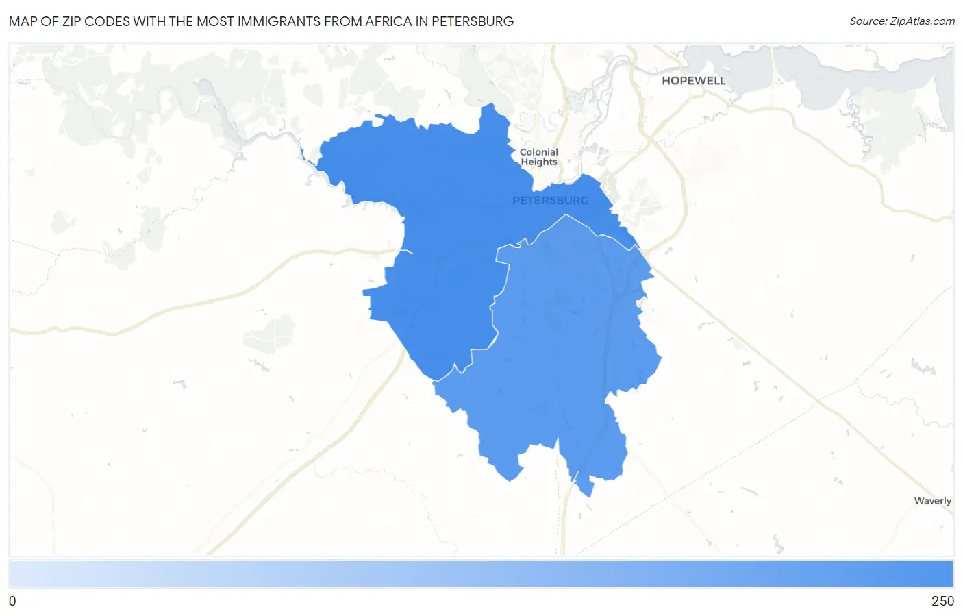 Zip Codes with the Most Immigrants from Africa in Petersburg Map