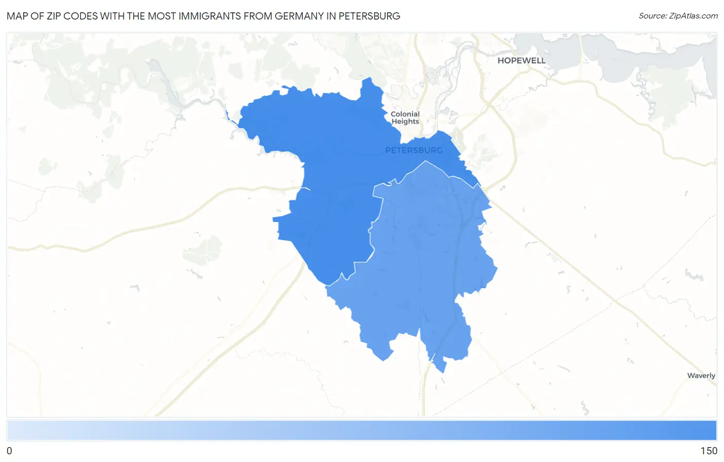 Zip Codes with the Most Immigrants from Germany in Petersburg Map