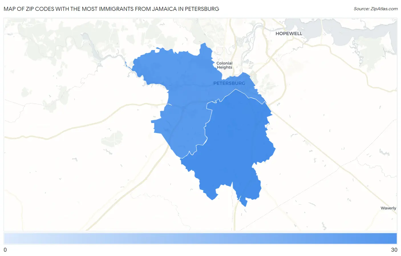 Zip Codes with the Most Immigrants from Jamaica in Petersburg Map
